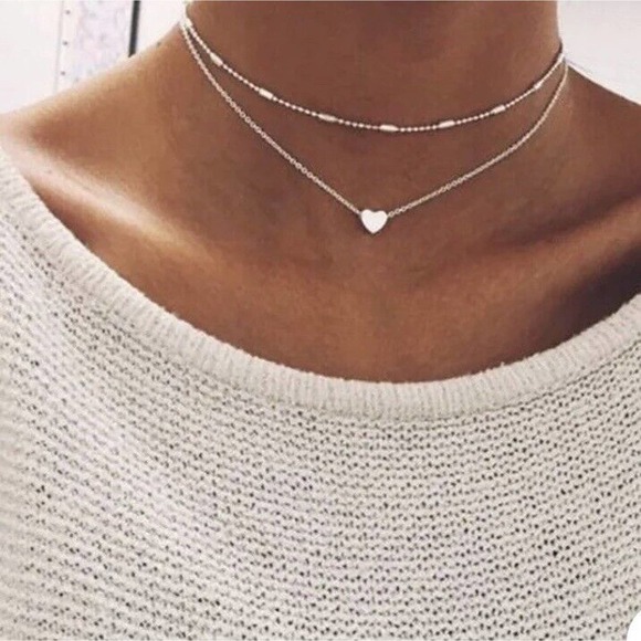 Silver Tone Layered Necklace Choker Heart Pendant 15" - Picture 1 of 9